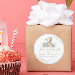 Teddybeer Boho Blue Boy Bedankt Baby shower Ronde Sticker