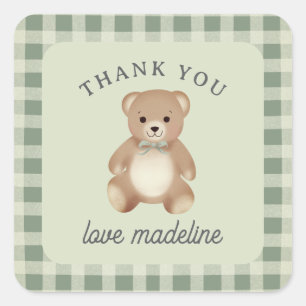 Teddybeer Boog Knuffel Gingham Antiek Salie Vierkante Sticker
