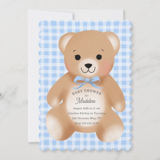 Teddybeer Boog Knuffel Gingham Blauw Kaart (Voorkant)