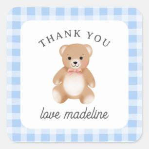 Teddybeer Boog Knuffel Gingham Blauw Roze Baby Vierkante Sticker