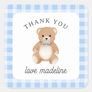 Teddybeer Boog Knuffel Gingham Blauwe Baby Shower Vierkante Sticker
