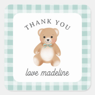 Teddybeer Boog Knuffel Gingham Salie Baby Shower Vierkante Sticker