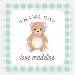Teddybeer Boog Knuffel Gingham Salie Roze Vierkante Sticker