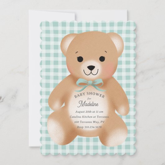 Teddybeer Boog Knuffel Gingham Saliegroen Kaart (Voorkant)