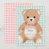 Teddybeer Boog Stuffy Gingham Salie Roze Kaart (Voorkant / Achterkant)