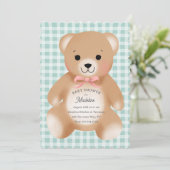 Teddybeer Boog Stuffy Gingham Salie Roze Kaart (Staand voorkant)