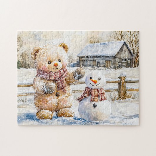 Teddybeer Bouwt een Sneeuwman Legpuzzel (Horizontaal)