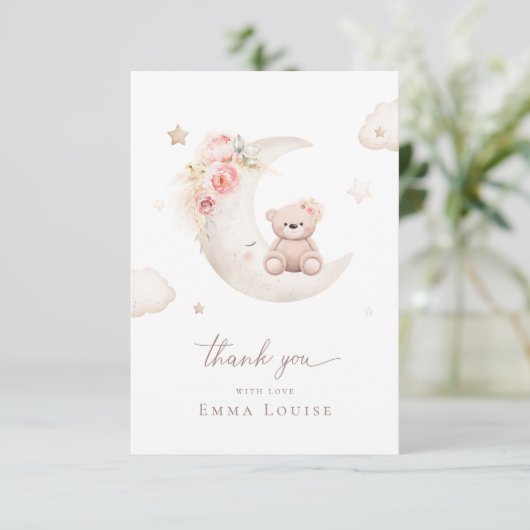 Teddybeer boven de maan neutrale babyshower  bedankkaart (Staand voorkant)