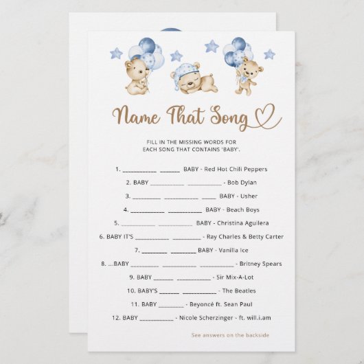 Teddybeer boy baby shower Naam Dat Song (Voorkant / Achterkant)