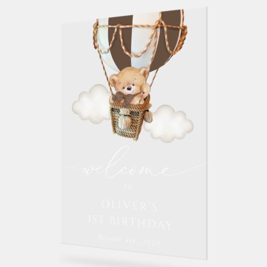 Teddybeer, bruine ballon, eerste verjaardag welkom acryl bord (Hoek)