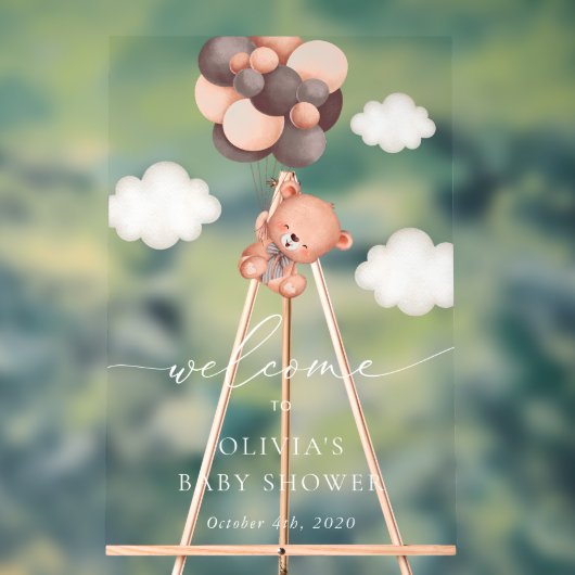 Teddybeer, bruine ballonnen, Baby shower welkom Acryl Bord (Neutraal)