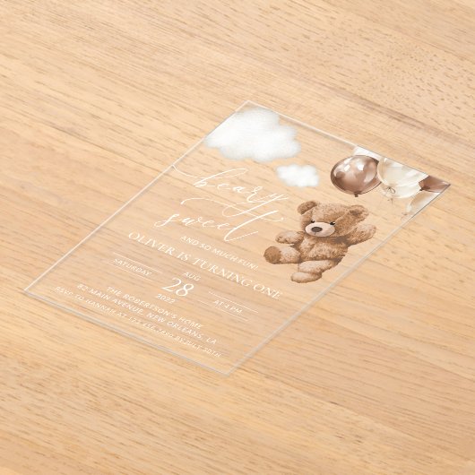 Teddybeer, bruine ballonnen, eerste verjaardag acryl uitnodigingen (Laagn)