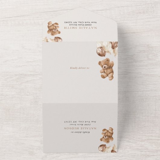 Teddybeer, bruine ballonnen, eerste verjaardag all in one uitnodiging (Buitenkant)