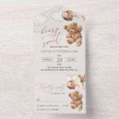 Teddybeer, bruine ballonnen, eerste verjaardag all in one uitnodiging (Binnen)
