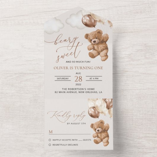 Teddybeer, bruine ballonnen, eerste verjaardag all in one uitnodiging (Binnen)