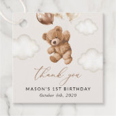 Teddybeer, bruine ballonnen, eerste verjaardag bedankjes labels (Voorkant)