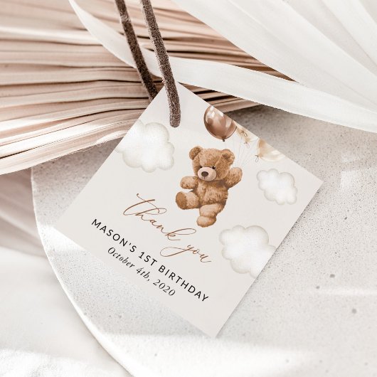 Teddybeer, bruine ballonnen, eerste verjaardag bedankjes labels