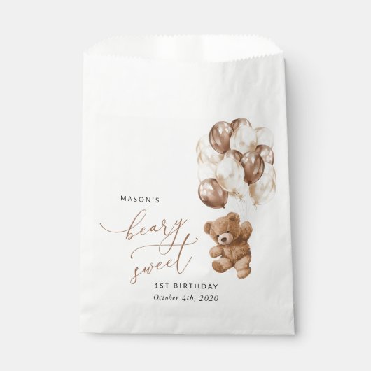 Teddybeer, bruine ballonnen, eerste verjaardag bedankzakje (Voorkant)