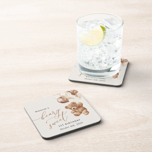 Teddybeer, bruine ballonnen, eerste verjaardag bier onderzetter (Rechterzijde)