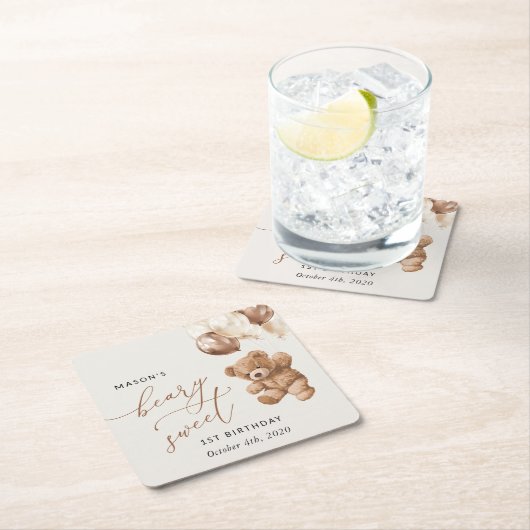 Teddybeer, bruine ballonnen, eerste verjaardag kartonnen onderzetters (Insitu)