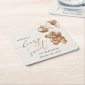 Teddybeer, bruine ballonnen, eerste verjaardag kartonnen onderzetters (Schuin)