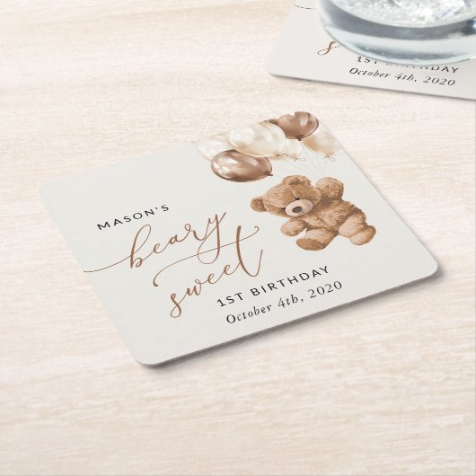 Teddybeer, bruine ballonnen, eerste verjaardag kartonnen onderzetters (Schuin)