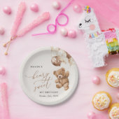 Teddybeer, bruine ballonnen, eerste verjaardag papieren bordje (Feest)