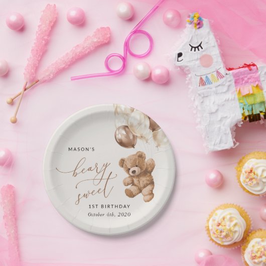 Teddybeer, bruine ballonnen, eerste verjaardag papieren bordje (Feest)