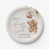 Teddybeer, bruine ballonnen, eerste verjaardag papieren bordje (Voorkant)