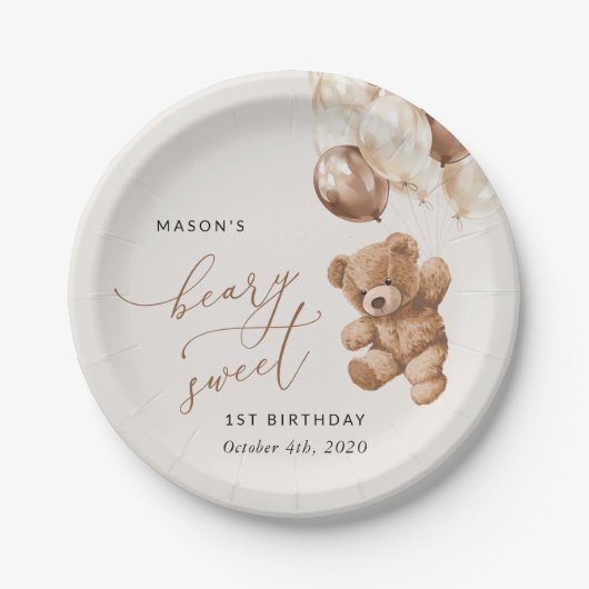 Teddybeer, bruine ballonnen, eerste verjaardag papieren bordje (Voorkant)