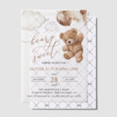 Teddybeer, bruine ballonnen, eerste verjaardag vellum uitnodigingen (Offset (Uitnodiging))
