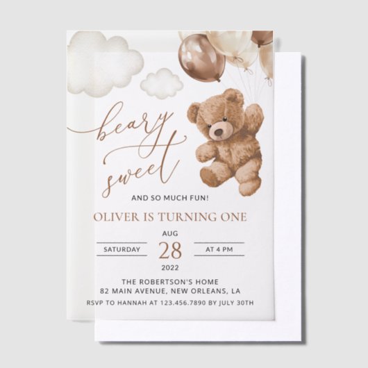 Teddybeer, bruine ballonnen, eerste verjaardag vellum uitnodigingen (Offset)