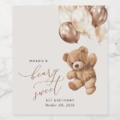Teddybeer, bruine ballonnen, eerste verjaardag wijn etiket (Enkel label)