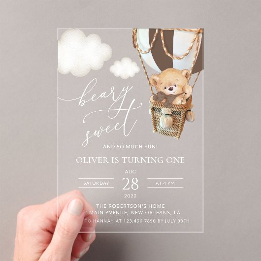 Teddybeer, bruine heteluchtballon, eerste verjaard acryl uitnodigingen (Insitu (Draagbaar))
