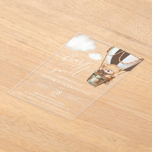 Teddybeer, bruine heteluchtballon, eerste verjaard acryl uitnodigingen (Laagn)