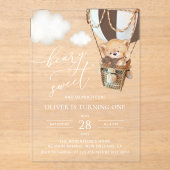 Teddybeer, bruine heteluchtballon, eerste verjaard acryl uitnodigingen (Voorkant)