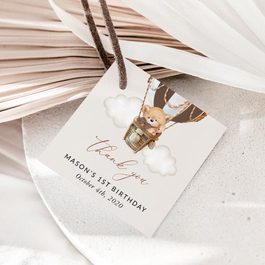 Teddybeer, bruine heteluchtballon, eerste verjaard bedankjes labels