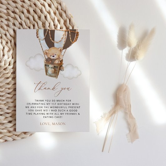 Teddybeer, bruine heteluchtballon, eerste verjaard bedankkaart