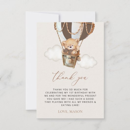 Teddybeer, bruine heteluchtballon, eerste verjaard bedankkaart (Voorkant)