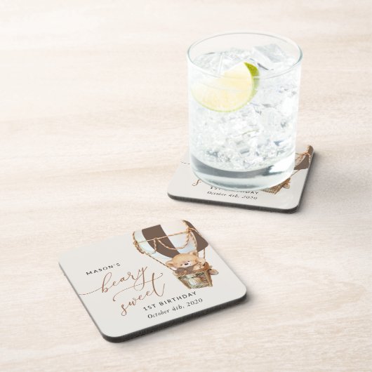 Teddybeer, bruine heteluchtballon, eerste verjaard bier onderzetter (Rechterzijde)