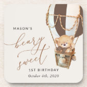 Teddybeer, bruine heteluchtballon, eerste verjaard bier onderzetter (Voorkant)