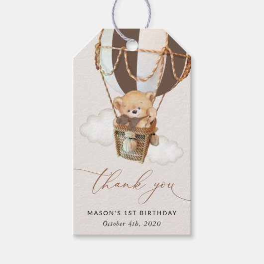 Teddybeer, bruine heteluchtballon, eerste verjaard cadeaulabel (Voorkant)
