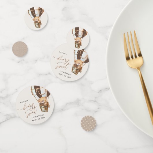 Teddybeer, bruine heteluchtballon, eerste verjaard confetti (Groep)