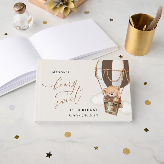 Teddybeer, bruine heteluchtballon, eerste verjaard gastenboek (Voorkant open)