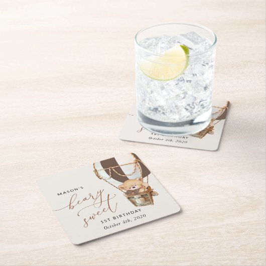 Teddybeer, bruine heteluchtballon, eerste verjaard kartonnen onderzetters (Insitu)