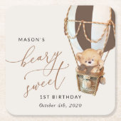 Teddybeer, bruine heteluchtballon, eerste verjaard kartonnen onderzetters (Voorkant)