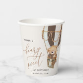 Teddybeer, bruine heteluchtballon, eerste verjaard papieren bekers (Voorkant)