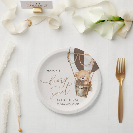 Teddybeer, bruine heteluchtballon, eerste verjaard papieren bordje (Huwelijk)