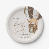 Teddybeer, bruine heteluchtballon, eerste verjaard papieren bordje (Voorkant)