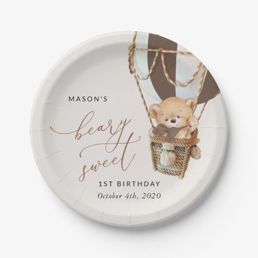 Teddybeer, bruine heteluchtballon, eerste verjaard papieren bordje (Voorkant)